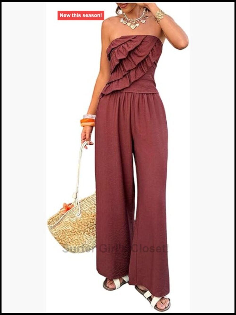 Two Piece Vacation Outfits Strapless Ruffle Crop Top Wide Leg Pants Set Summer